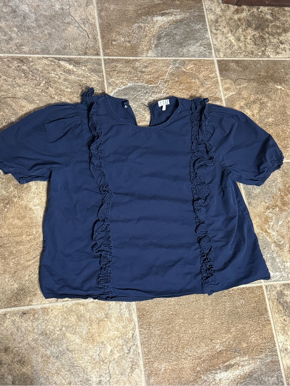 TCEC Navy Ruffle-Trim Puff Sleeve Blouse
